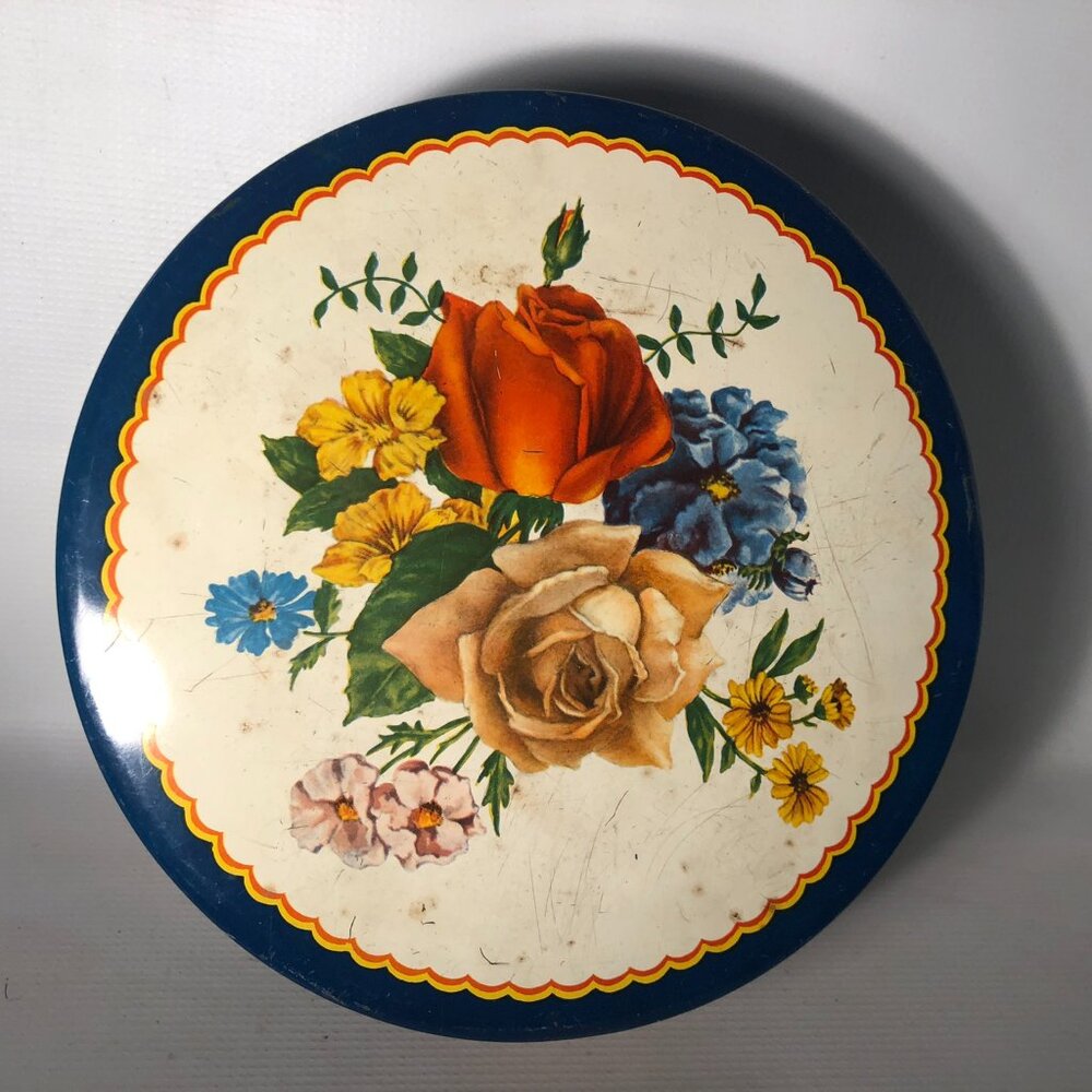 Vintage Round Tin Can Cookie container with Roses & Flowers